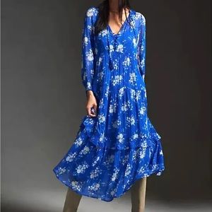 Anthropologie Marais Chiffon Maxi Dress Printed Tiered Sapphire Blue